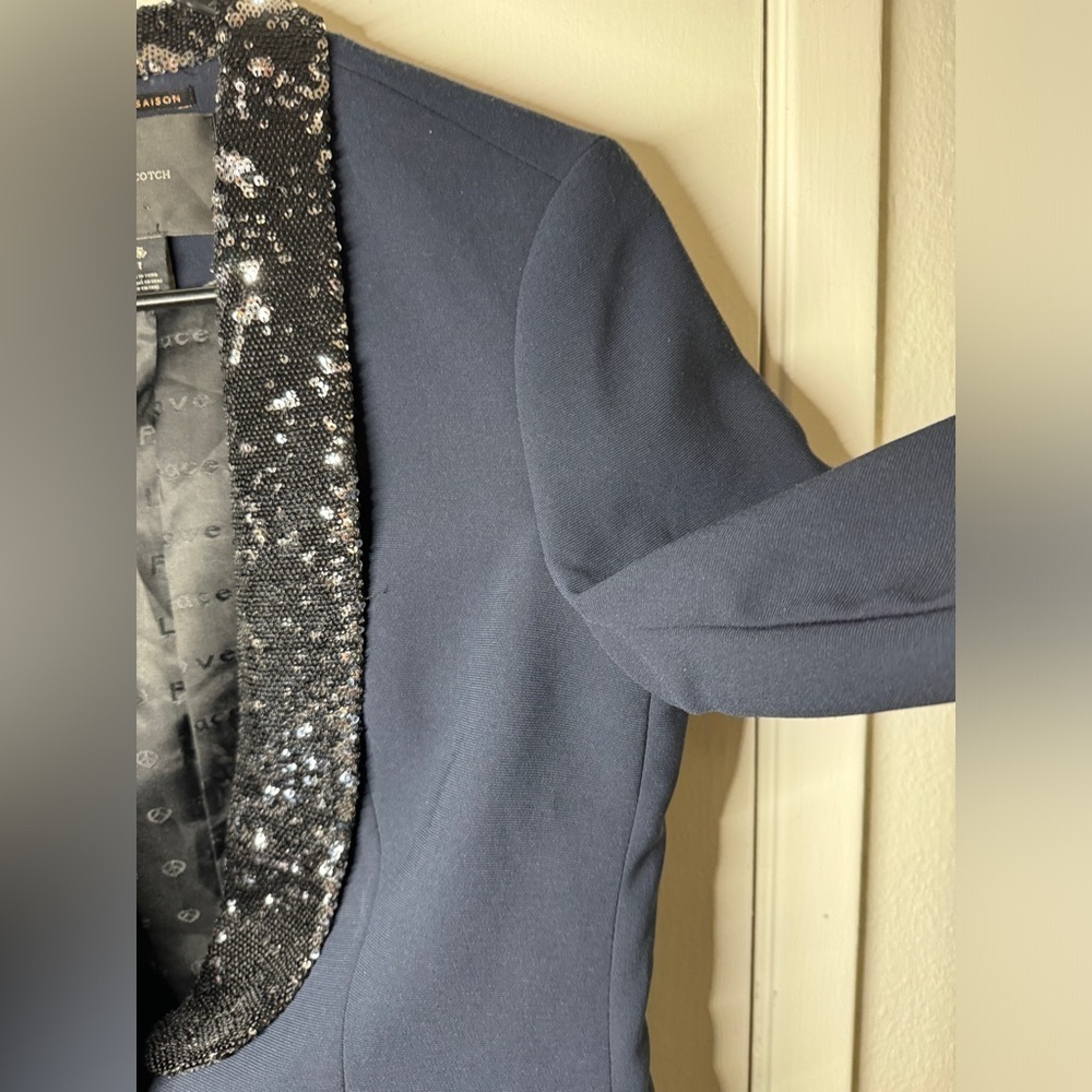 Maison Scotch Navy Blue Black Sequin Single Button Closure Tuxedo Blazer Size 1 - Picture 5 of 16